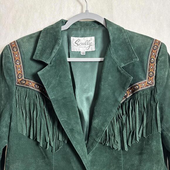 Scully Women's 10 Green Genuine Leather Navajo Patch Pocket Up Fringe Jacket - Picture 4 of 14